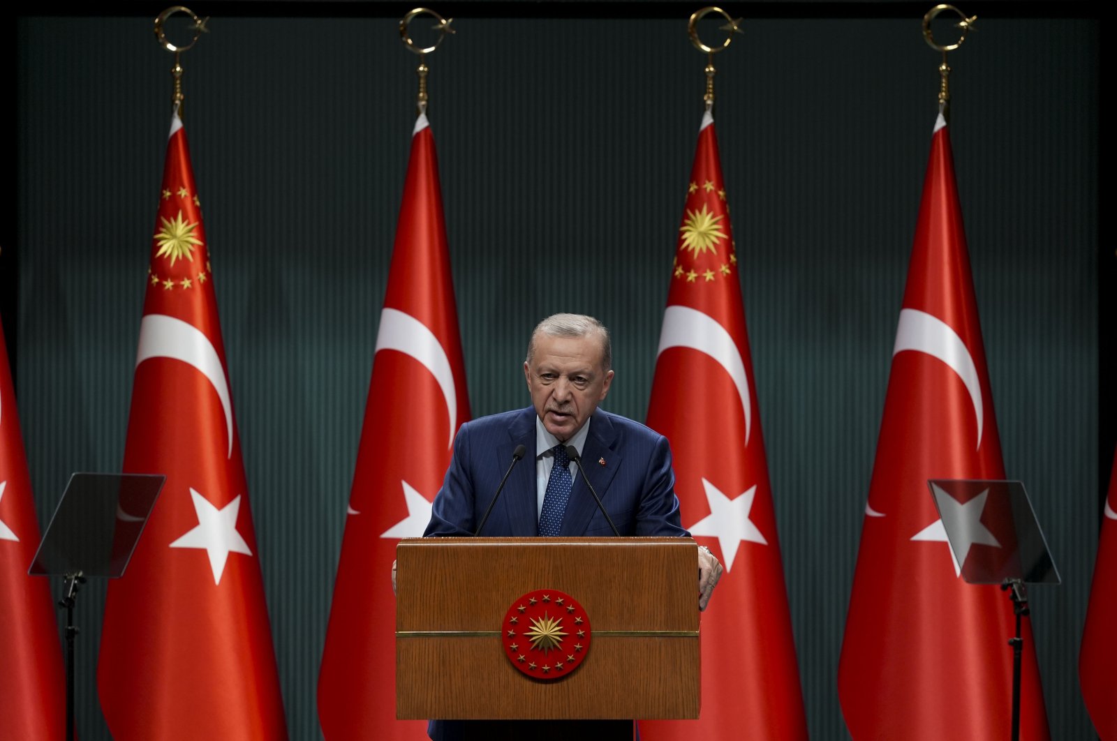 President Recep Tayyip Erdoğan speaks to reporters following a cabinet meeting in the capital Ankara, May 6, 2024. (AA Photo)