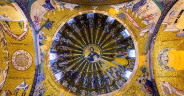 This photograph shows details from the mosaics on the ceiling inside the ancient Orthodox church now reconverted back to being the Kariye Mosque, Istanbul, Türkiye, May 6, 2024. (AFP Photo)