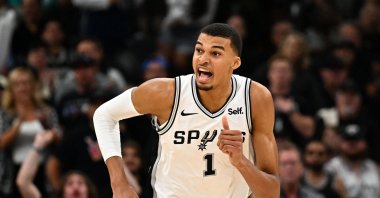 San Antonio Spurs' Victor Wembanyama reacts during the NBA basketball game against Dallas Mavericks at the AT&amp;T Center in San Antonio, Texas, U.S., Oct. 25, 2023. (AFP Photo)