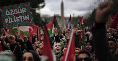 People protest in support of Palestinians in Gaza during a protest rally in Istanbul, Türkiye, Feb. 17, 2024. (AP Photo)