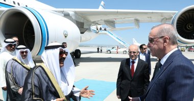 President Recep Tayyip Erdoğan (R) welcomes Sheikh Mishal Al Ahmad Al Sabah at Esenboğa Airport, in the capital, Ankara, Türkiye, May 7, 2024. (AA Photo)