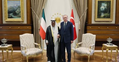 President Recep Tayyip Erdoğan and Kuwaiti Emir Sheikh Meshal al-Ahmad al-Jaber al-Sabah shake hands following a meeting at the Presidential Complex in Ankara, Türkiye, May 7, 2024. (IHA Photo)