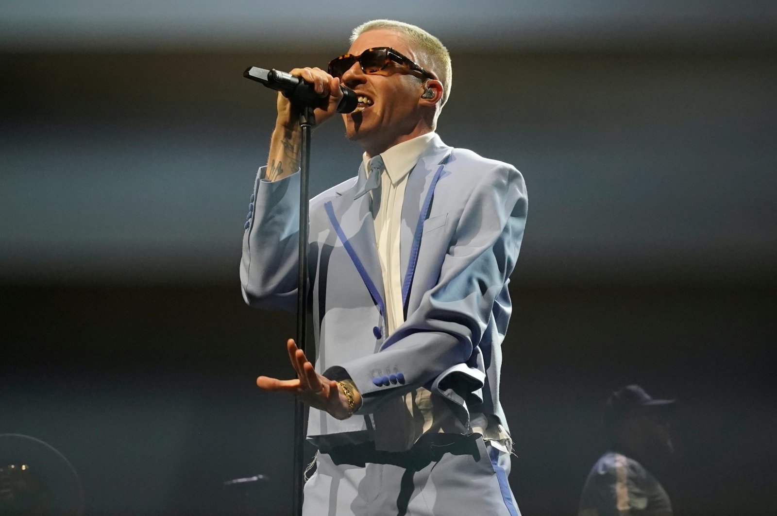 U.S.-Rapper Macklemore (of former duo Macklemore  Ryan Lewis) performs on stage at OVO ARENA Wembley, London, U.K., April 12, 2023. (Shutterstock Photo)