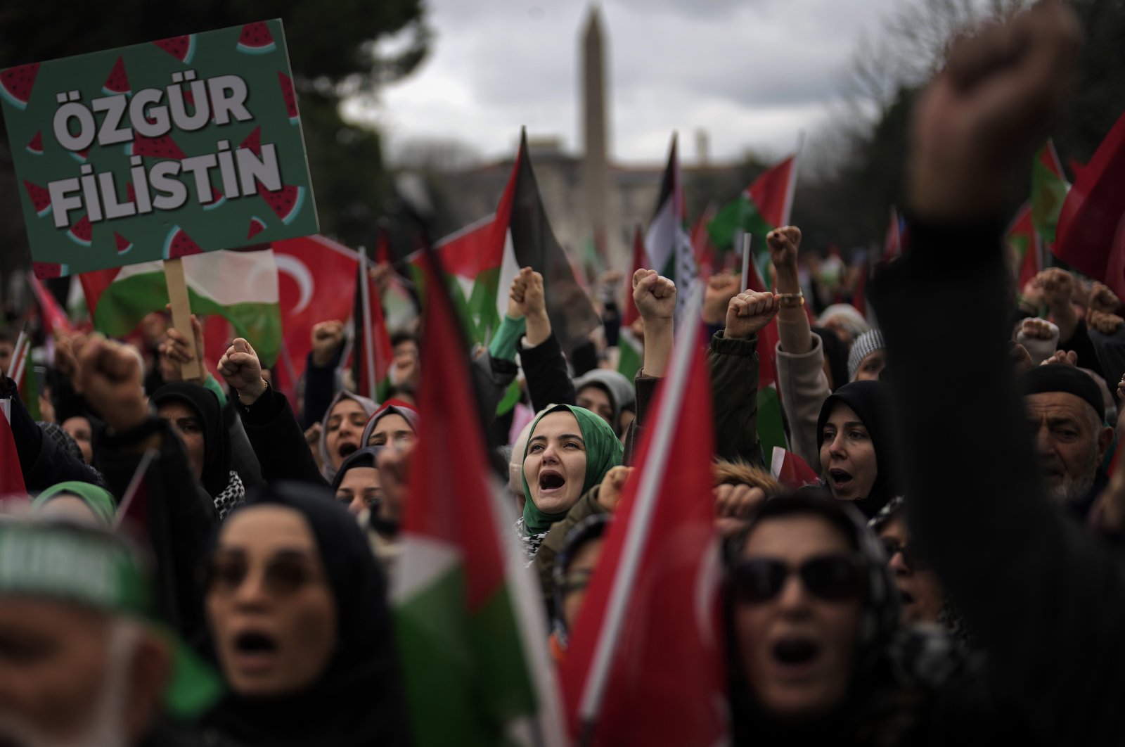 People protest in support of Palestinians in Gaza during a protest rally in Istanbul, Türkiye, Feb. 17, 2024. (AP Photo)
