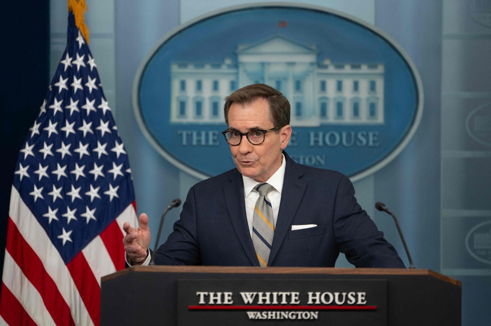 National Security Communications Adviser John Kirby speaks during the daily press briefing in the Brady Press Briefing Room of the White House in Washington, D.C., on May 6, 2024. (AFP Photo)