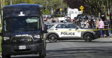 Media wait for a press conference as Toronto Police investigate a shooting outside rap mogul Drake&#039;s mansion in Toronto&#039;s Bridle Path neighborhood, May 7, 2024. (AP Photo)