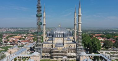 An aerial view of Selimiye Mosque, currently under restoration, Edirne, Türkiye, May 7, 2024. (AA Photo)
