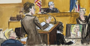 In this courtroom sketch, defense attorney Susan Necheles (C) cross-examines Stormy Daniels, (R), whose real name is Stephanie Clifford, as former President Donald Trump, (L), looks on with Judge Juan Merchan presiding during Trump&#039;s trial in Manhattan criminal court, New York, U.S., May 7, 2024, in New York. (AP Photo)