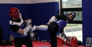 Turkish taekwondo team players in action during a training camp, Konya, Türkiye, May 5, 2024. (IHA Photo)