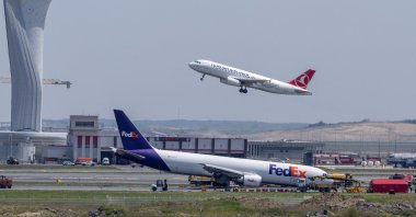 A general view of a FedEx Airlines Boeing 767 cargo plane, which landed at Istanbul Airport without deploying its front landing gear but managed to stay on the runway and avoid casualties, on a runway in Istanbul, Türkiye, May 8, 2024. (Reuters Photo)