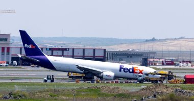 A general view of a FedEx Airlines Boeing 767 BA.N cargo plane, that landed at Istanbul Airport on Wednesday without deploying its front landing gear but managed to stay on the runway and avoid casualties, on a runway in Istanbul, May 8, 2024. (Reuters Photo)