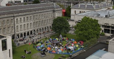 Students take part in an encampment protest over the Gaza conflict on the grounds of Trinity College in Dublin, Wednesday May 8, 2024. (AP Photo)