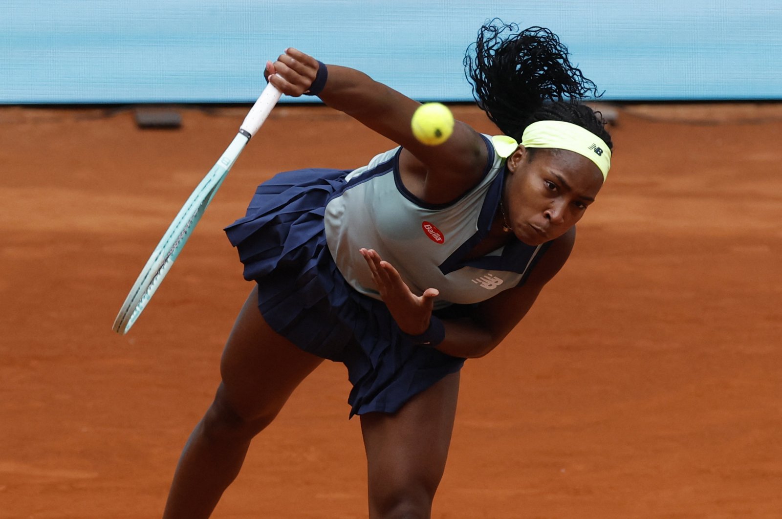 Coco Gauff returns a ball to Madison Keys during the 2024 WTA Tour Madrid Open last sixteen match, Caja Magica, Madrid, Spain, April 29, 2024. (AFP Photo)