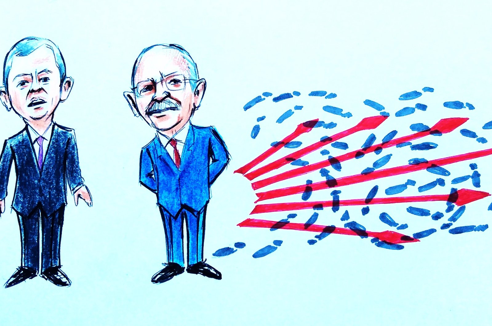 The illustration shows the main opposition Republican People&#039;s Party (CHP) chair Özgür Özel (L) and former CHP chair Kemal Kılıçdaroğlu alongside the party&#039;s official logo, represented by six red arrows. (Illustration by Erhan Yalvaç)  
