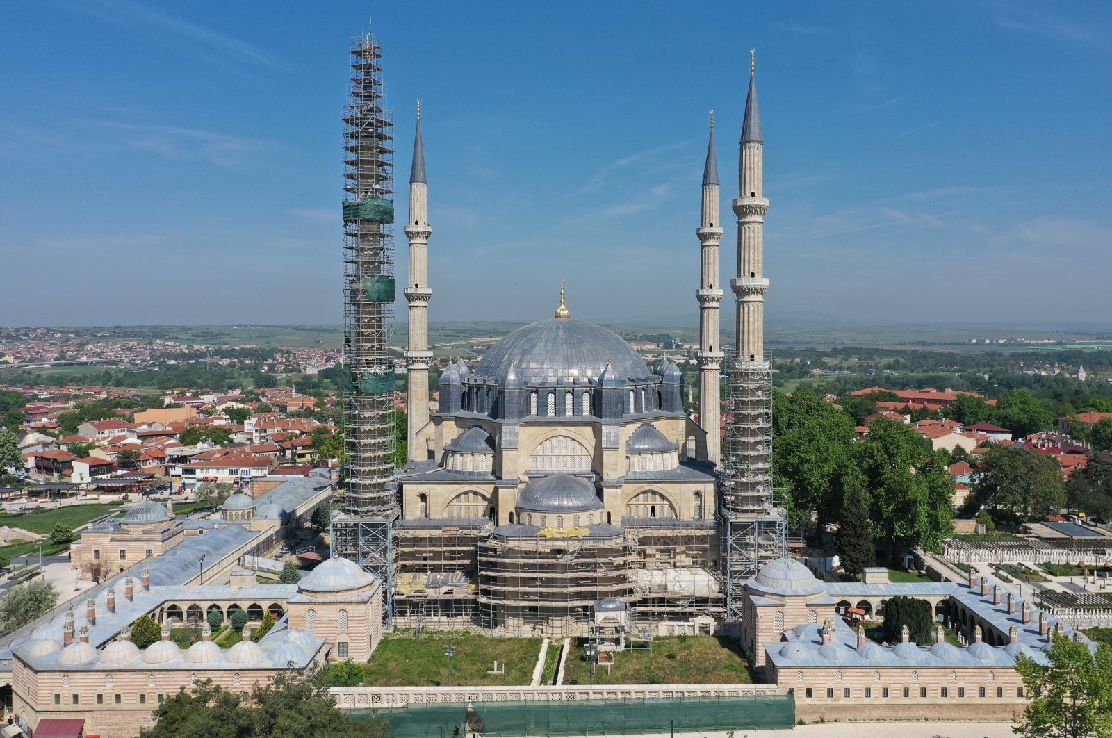 An aerial view of Selimiye Mosque, currently under restoration, Edirne, Türkiye, May 7, 2024. (AA Photo)