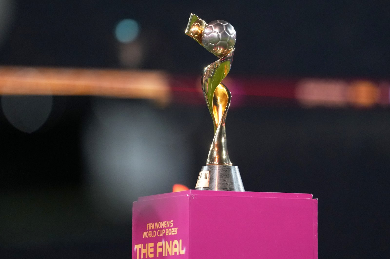 The tournament trophy is displayed on the pitch before the Women&#039;s World Cup final between Spain and England, Stadium Australia, Sydney, Australia, Aug. 20, 2023. (AP Photo)