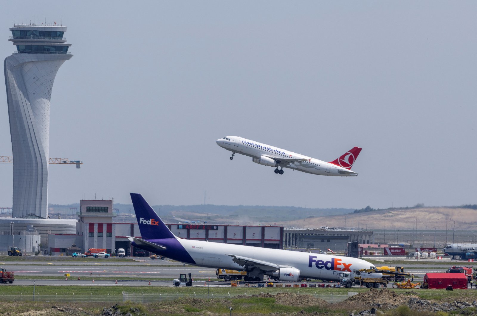 A general view of a FedEx Airlines Boeing 767 cargo plane, which landed at Istanbul Airport without deploying its front landing gear but managed to stay on the runway and avoid casualties, on a runway in Istanbul, Türkiye, May 8, 2024. (Reuters Photo)