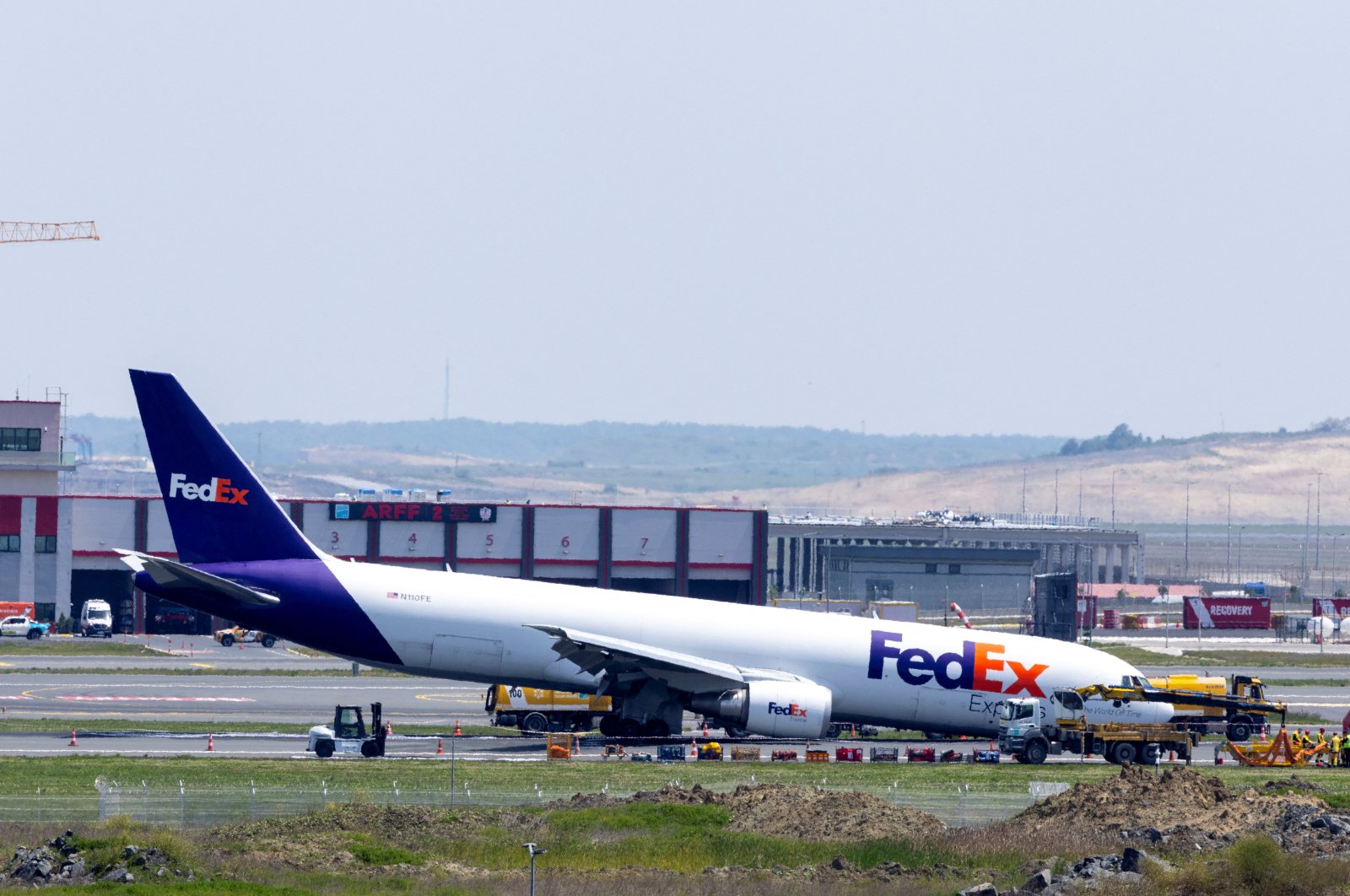 A general view of a FedEx Airlines Boeing 767 BA.N cargo plane, that landed at Istanbul Airport on Wednesday without deploying its front landing gear but managed to stay on the runway and avoid casualties, on a runway in Istanbul, May 8, 2024. (Reuters Photo)