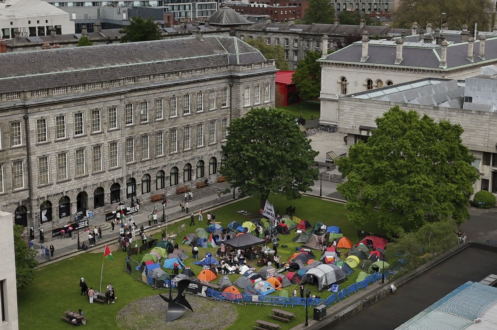 Students take part in an encampment protest over the Gaza conflict on the grounds of Trinity College in Dublin, Wednesday May 8, 2024. (AP Photo)