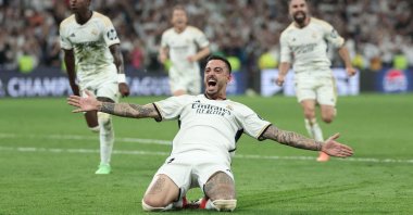 Real Madrid's Joselu celebrates scoring during the UEFA Champions League semi final second leg football match against Bayern Munich at Santiago Bernabeu Stadium, Madrid, Spain, May 8, 2024. (AFP Photo)