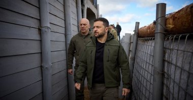 Ukraine's President Volodymyr Zelenskyy inspects new fortifications for Ukrainian servicemen in Donetsk region, Ukraine, April 19, 2024. (Reuters Photo)