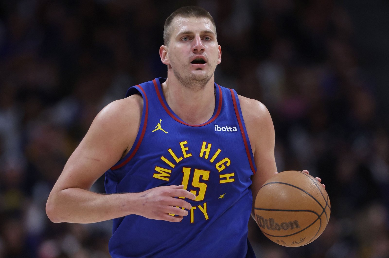 Denver Nuggets&#039; Nikola Jokic brings the ball down the court against the Minnesota Timberwolves in the first quarter during Game One of the Western Conference Second Round Playoffs at Ball Arena, Denver, U.S., May 4, 2024. (AFP Photo)