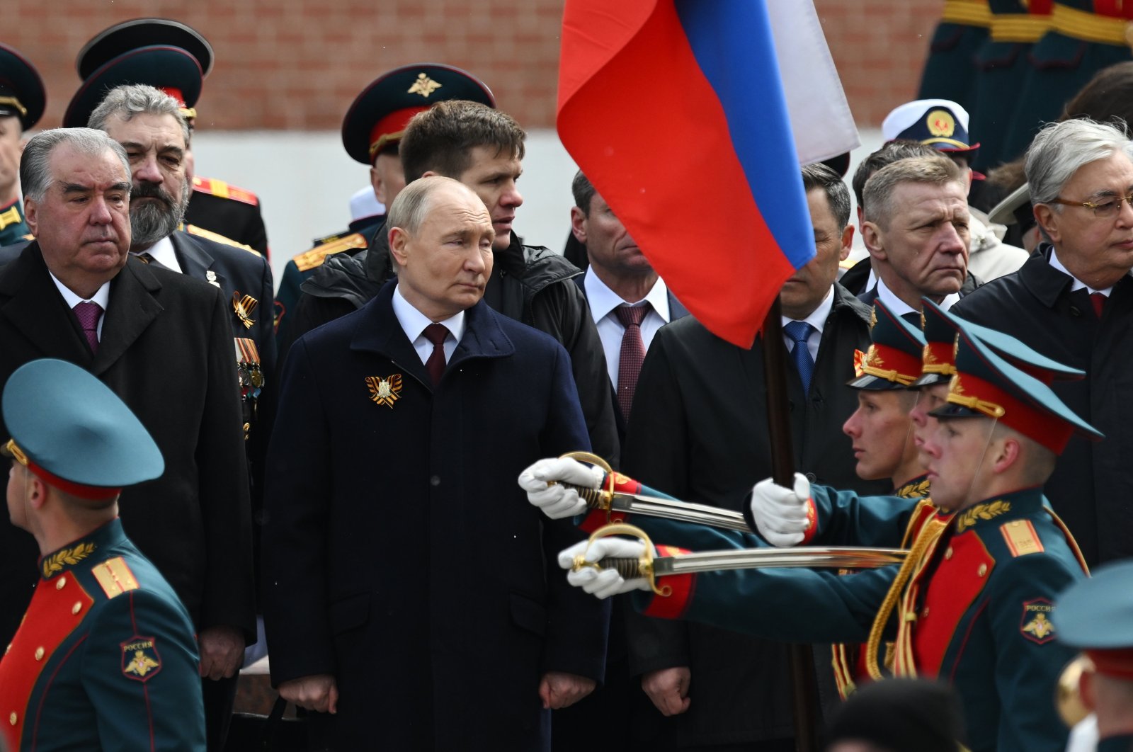 Russian President Vladimir Putin (C) and foreign leaders take part in a wreath-laying ceremony at the Tomb of the Unknown Soldier in Alexander Garden on Victory Day, in Moscow, Russia, May 9, 2024. (EPA Photo)