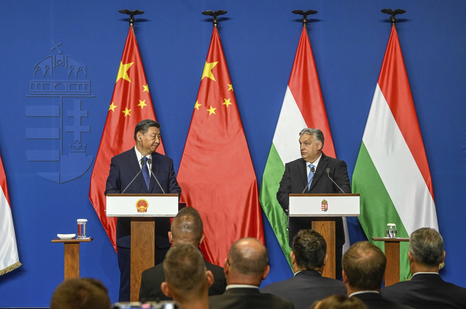 Chinese President Xi Jinping (L) during a joint press conference with Hungarian Prime Minister Viktor Orban following their talks in Budapest, Hungary, May 9 2024. (AP Photo)
