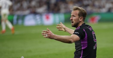 Bayern Munich&#039;s Harry Kane reacts during the Champions League semifinal match against Real Madrid at the Santiago Bernabeu, Madrid, Spain, May 8, 2024. (Reuters Photo)  
