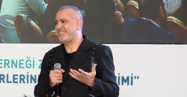 Haluk Levent speaks at an event for his charity AHBAP, Istanbul, Türkiye, March 27, 2024. (DHA Photo)