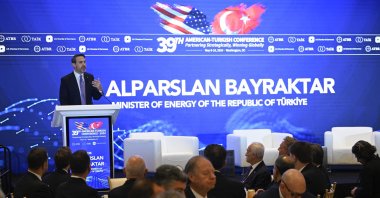 Energy and Natural Resources Minsiter Alparslan Bayraktar speaks during the American-Turkish Conference in Washington, U.S., May 9, 2024. (AA Photo)