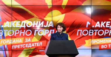 North Macedonia's VMRO-DPMNE presidential candidate Gordana Siljanovska Davkova talks during a press conference in Skopje, Republic of North Macedonia, May 8, 2024. (EPA Photo)