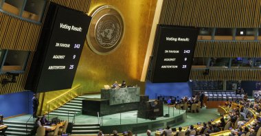The United Nations General Assembly votes on a Palestinian bid to become a full UN member, which ultimately passed, at the United Nations Headquarters in New York, New York, May 10, 2024. (EPA Photo)