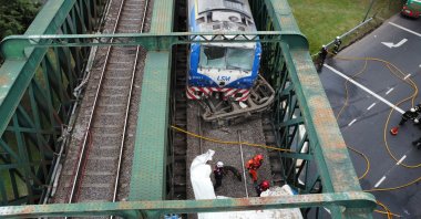 An aerial photograph shows the site of an accident after a passenger train and a locomotive collided in Buenos Aires, Argentina, on May 10, 2024. (EPA Photo)