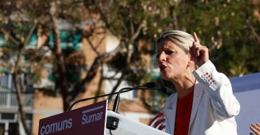 Spain&#039;s Second Deputy Prime Minister and Labor Minister Yolanda Diaz takes part in the closing electoral campaign event of left-party Comuns Sumar, in Cornella de Llobregat, Barcelona, Spain, May 10, 2024. (EPA Photo)