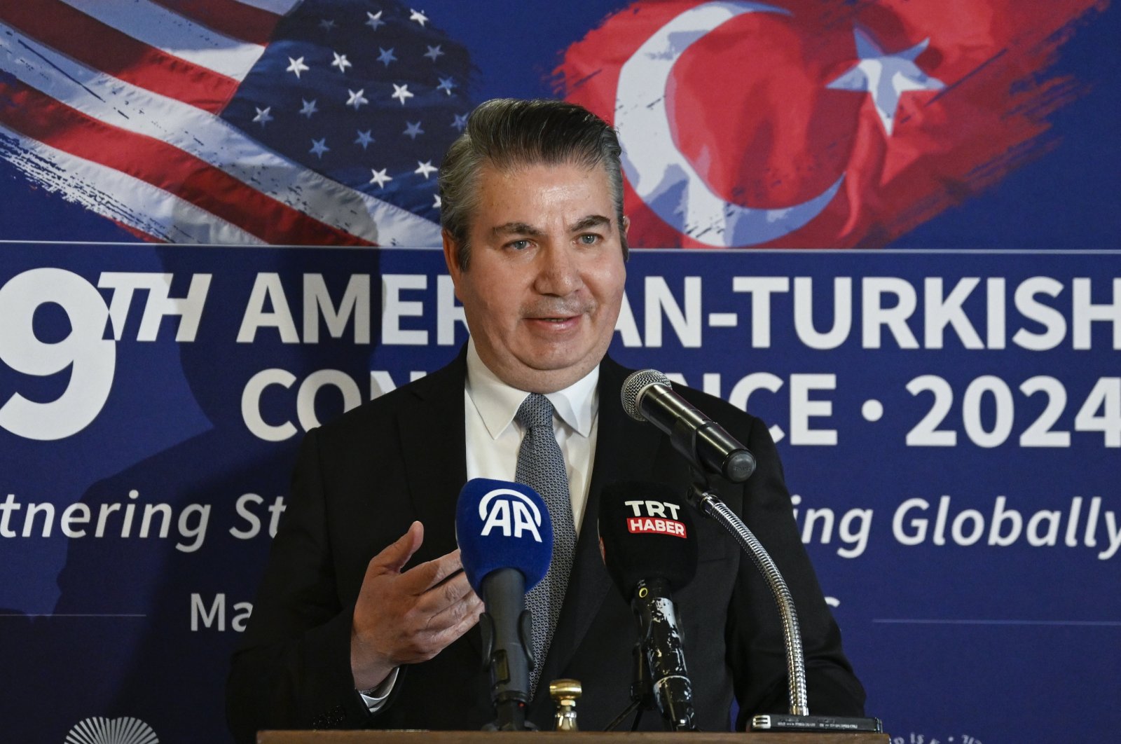 Türkiye’s ambassador to Washington Sedat Önal speaks at the 39th American-Turkish Conference, Washington, U.S., May 9, 2024. (AA Photo)
