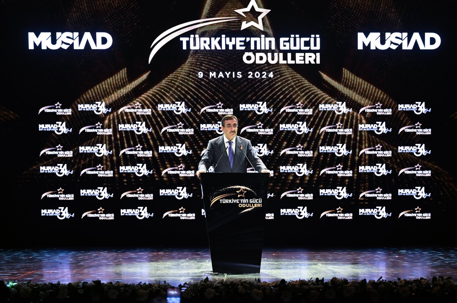 Vice President Cevdet Yılmaz speaks at the Türkiye&#039;s Power Awards, Istanbul, Türkiye, May 9, 2024. (AA Photo)