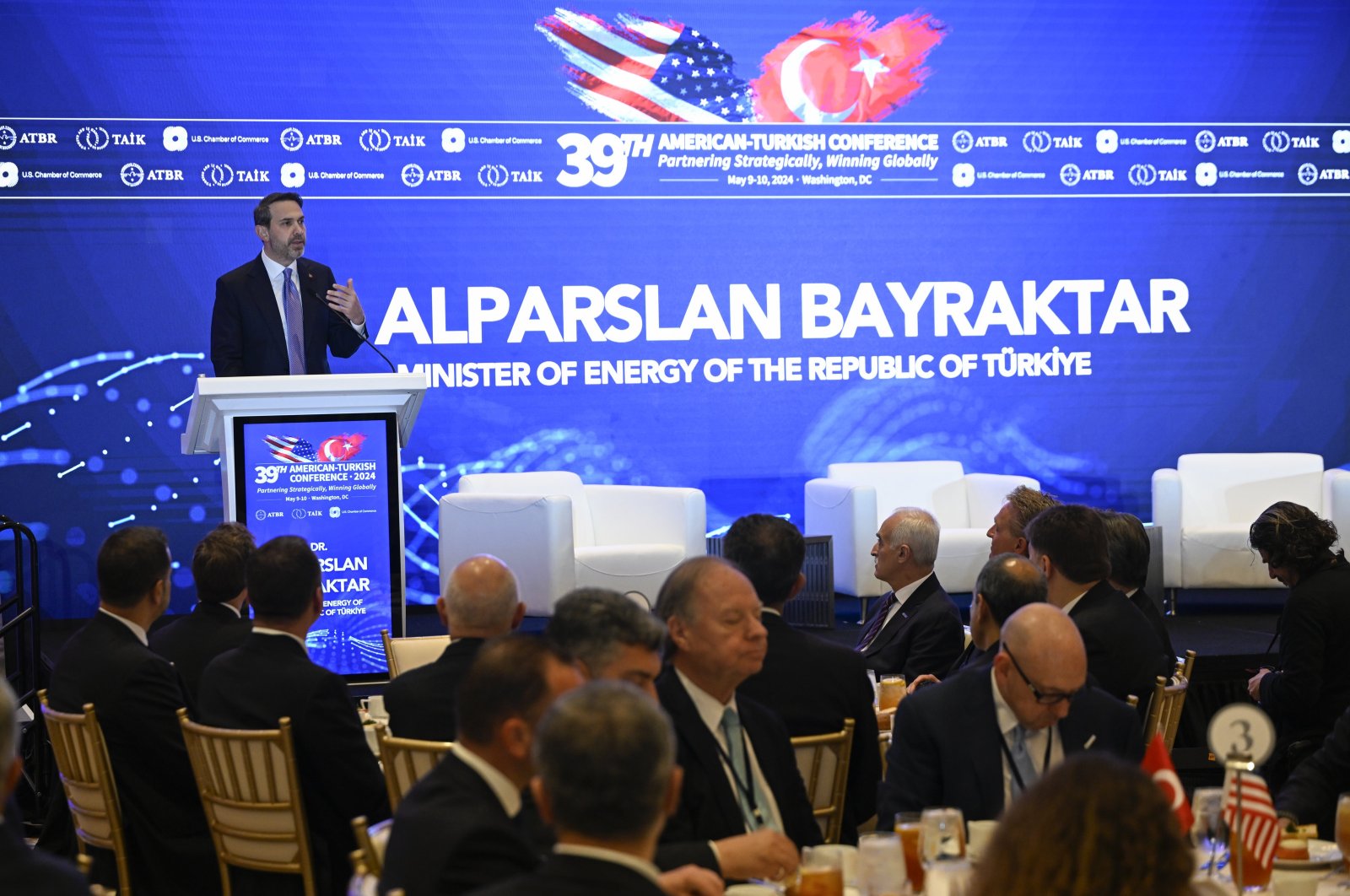 Energy and Natural Resources Minsiter Alparslan Bayraktar speaks during the American-Turkish Conference in Washington, U.S., May 9, 2024. (AA Photo)
