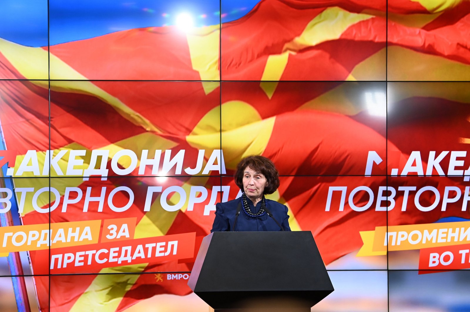 North Macedonia&#039;s VMRO-DPMNE presidential candidate Gordana Siljanovska Davkova talks during a press conference in Skopje, Republic of North Macedonia, May 8, 2024. (EPA Photo)