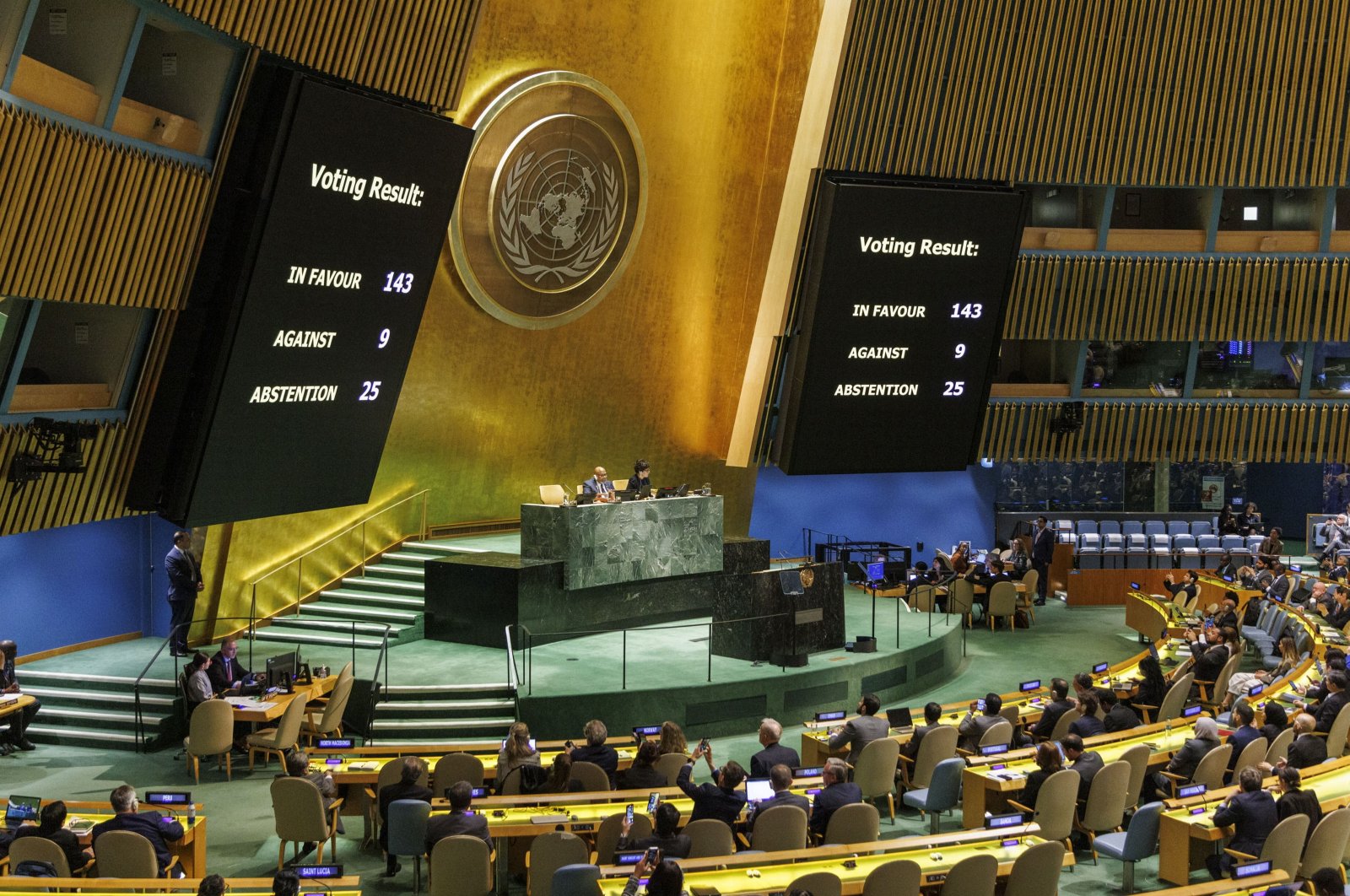 The United Nations General Assembly votes on a Palestinian bid to become a full UN member, which ultimately passed, at the United Nations Headquarters in New York, New York, May 10, 2024. (EPA Photo)
