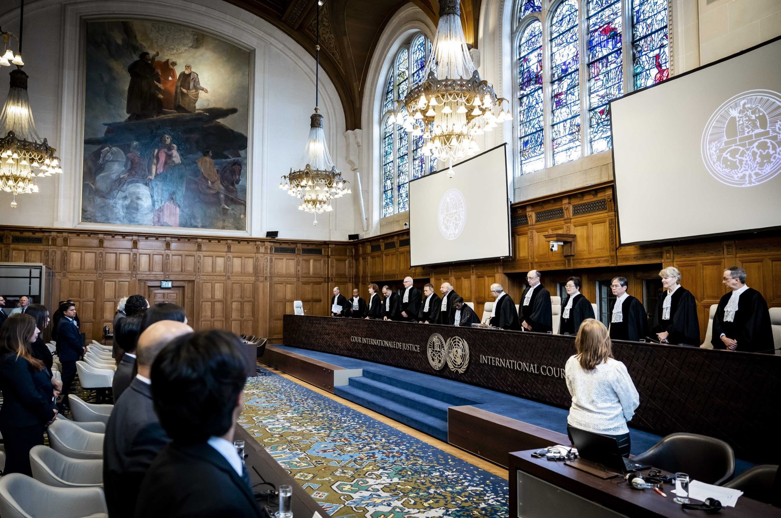 President of the International Court of Justice, Nawaf Salam (6-R), and other judges attend the first day of a two-day hearing in the case brought by Mexico against Ecuador in the Hague, the Netherlands, on April 30, 2024. (EPA Photo)