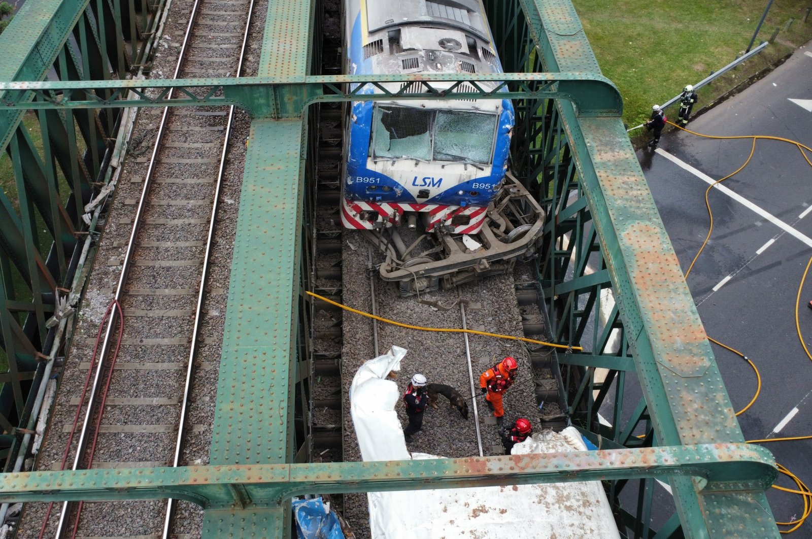 An aerial photograph shows the site of an accident after a passenger train and a locomotive collided in Buenos Aires, Argentina, on May 10, 2024. (EPA Photo)