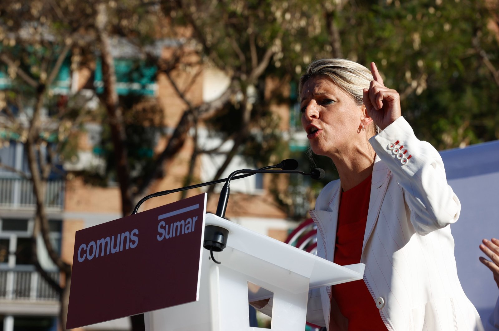 Spain&#039;s Second Deputy Prime Minister and Labor Minister Yolanda Diaz takes part in the closing electoral campaign event of left-party Comuns Sumar, in Cornella de Llobregat, Barcelona, Spain, May 10, 2024. (EPA Photo)