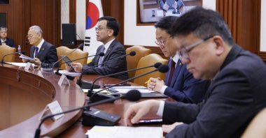 Finance Minister Choi Sang-mok (3rd R), who doubles as the deputy prime minister for economic affairs, speaks during an emergency meeting of economy-related ministers at the Government Complex, Seoul, South Korea, April 15, 2024. (EPA Photo)