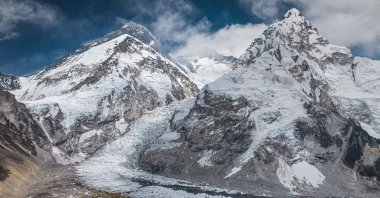 A drone view shows Mount Everest along with Khumbu Glacier and base camp in Nepal, April 30, 2024. (Reuters Photo)