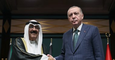 President Recep Tayyip Erdoğan (R) is seen with Kuwaiti Emir Sheikh Mishal Al Ahmad Al Sabah at the Presidential Complex, Ankara, Türkiye, May 7, 2024 (IHA Photo)