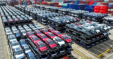 This photo shows BYD electric cars awaiting to be loaded onto a ship at the international container terminal of Taicang Port at Suzhou Port, eastern Jiangsu Province, China, Sept. 11, 2023. (AFP Photo)