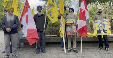 Members of British Columbia&#039;s Sikh community gather in front of the courthouse in Surrey, British Columbia, Canada, May 7, 2024. (AP Photo)