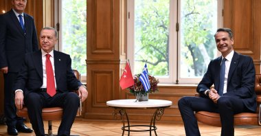 President Recep Tayyip Erdoğan (L) meets with Greek Prime Minister Kyriakos Mitsotakis, Athens, Greece, Dec. 7, 2023. (AP Photo)