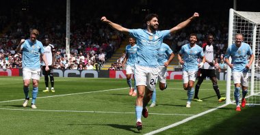Man City&#039;s Croatian defender Josko Gvardiol (C) celebrates scoring a goal against Fulham in a Premier League match in London, U.K., May 11, 2024. (AFP Photo)